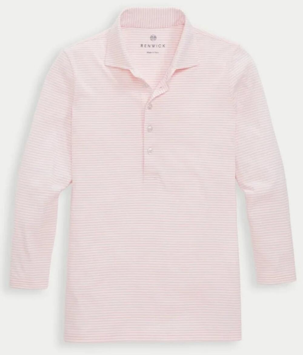Renwick 100% Pima Cotton Striped 3/4 Sleeve Polo Shirt Pink White Womens Size S